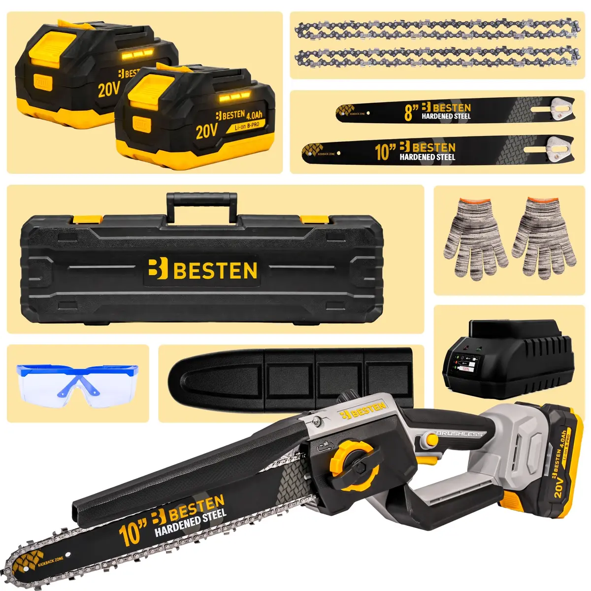 Zawartość zestawu Piła akumulatorowa 8 i 10 cali BESTEN BE0002916